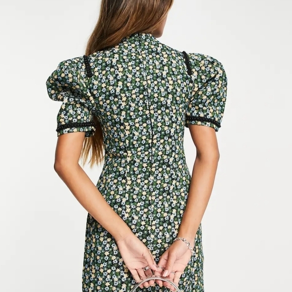 High-Neck Floral Puff-Sleeve Midi Dress in Green and Blue/I Bought It In ASOS - Picture 2 of 6